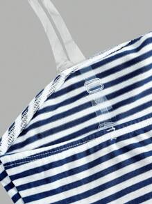 SHEIN Girlism Conjunto de Top Canelada Listrada Azul Marinho e Branca com Laço e Calça Pantalona Larga, Estilo Vintage Confortável e Casual, Adequado para Meninas Tween em Casa