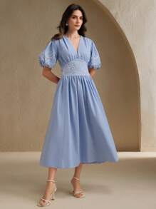 Anewsta Váy dự tiệc cưới cho nữ mùa xuân, mùa hè, lễ hội - Váy maxi cổ chữ V tay đèn lồng thêu hoa thanh lịch có viền xếp nếp - Màu xanh lam - Xem 5