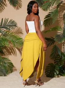 SHEIN SXY 大码女装 2025 春夏新款都市假日灰卡其色纯色褶皱腰部不对称下摆高开衩性感黄色裙子，适合海滩度假、约会之夜、生日、单身派对、可爱、休闲、购物、街头服饰、外出 - 黃色 - 查看 2