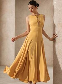 Aveloria 新款法式度假风优雅女士富贵露肩镂空3D花卉装饰收腰显瘦垂坠不对称下摆无袖长裙 - 黃色 - 查看 4