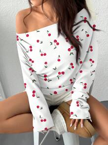 SHEIN EZwear 女款秋冬櫻桃印花不對稱肩設計極簡風衛衣 - 彩色 - 查看 7