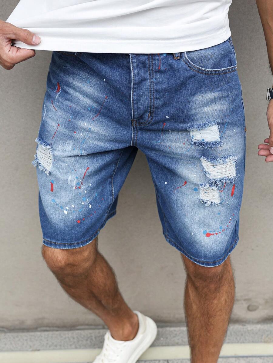 Manfinity LEGND Pantalones cortos vaqueros casuales de hombre con bolsillo y estampado de salpicaduras desgastado - Azul - Ver 1