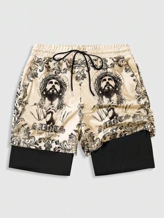 Street Life Pantalones cortos casuales sueltos con cintura elástica y estampado gráfico para hombres