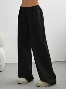SHEIN PETITE CURVE 大码女式夏季简约前系带宽松裤，休闲日常女裤，Y2K风格女式夏季阔腿裤，教师款，商务休闲女式情人节款 - 黑色 - 查看 4