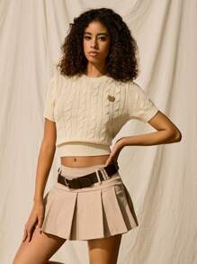 Easelle Cartoon Patched Detail Cable Knit Round Neck Short Sleeve Summer Top - Beige - View 7