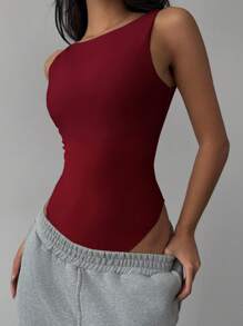 SHEIN BASICS 女款休閒素色露背連身衣夏季女裝套裝 - 酒紅色 - 查看 5