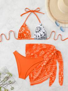 SHEIN Swim Women's Summer Flower Print Halter Tie Sexy Bikini Set Swimsuit With Cover-Up Skirt - Orange - View 1