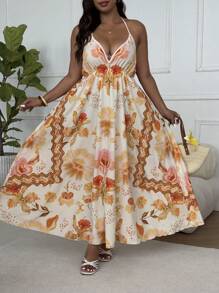 Flirla Plus Size Women's Floral Print Deep V-Neck Casual Vacation Beach Summer Dress, Beach Women Outfits, Summer Women Outfit, Bohemian - Yellow - View 1