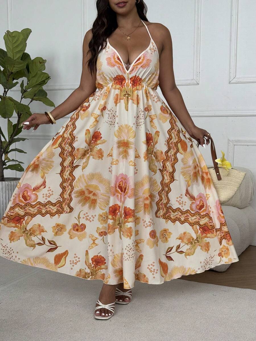 Flirla Plus Size Women's Floral Print Deep V-Neck Casual Vacation Beach Summer Dress, Beach Women Outfits, Summer Women Outfit, Bohemian - Yellow - View 1