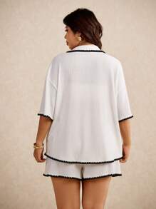 Elaquor Plus Size Women Single Breasted Blooming Trim Drop Shoulder Top And Shorts 2 Pieces Set, Casual - White - View 2