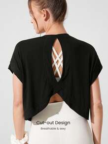GLOWMODE Modal Oversized Short Sleeve Tee With Keyhole Back Low Impact Yoga Pilates Daily Casual - Black - View 3