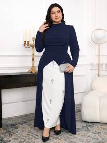 Modelyn 大码女式立领泡泡袖开衩下摆优雅连衣裙 - 藏蓝色 - 查看 3