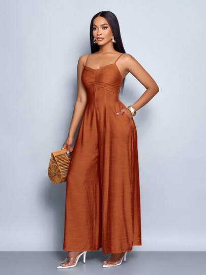 SOLERSUN Women's Draped Front Draped Collar Lace Up Backless Wide Leg Cami Jumpsuit, For Everyday Wear & Vacation