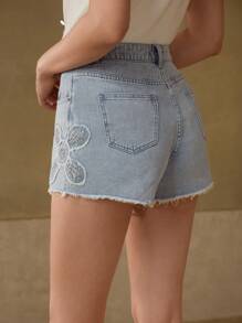 MOTF PREMIUM RHINESTONE FLORAL RAW EDGE DENIM SHORTS - Blue - View 3
