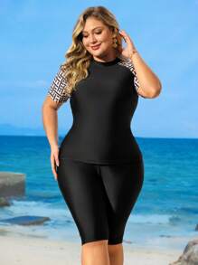Swim Mulvari Plus Size Women Conservative Short Sleeve Zipper Front Split Piece Modest Burkini Swimsuit,Bikini Set,Vacation Outfits Woman For Summer - Black - View 4