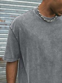 AXEPEAK 男士夏季纯色针织圆领宽松短袖 T 恤，街头风 - 灰色 - 查看 4