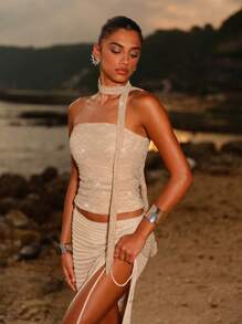 Opulessa Women's Apricot Halter Neck Sleeveless Lace Top With Ruched Detailing For Party Nights