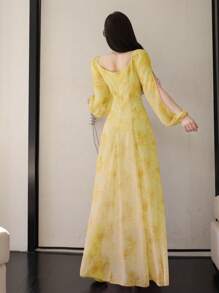 Modelyn Women's Chiffon Ditsy Floral Draped Neck Waisted Flared Hem Elegant Resort Dress Fall Cloth For Women - Yellow - View 2