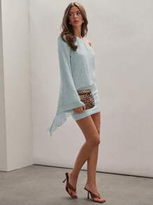 COSMINA 女式纯色亮片设计单肩喇叭袖连衣裙 - 淺藍色 - 查看 3