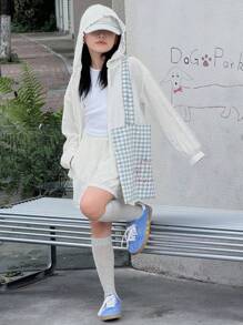 2 件 Tween Girl 连帽夹克 + 短裤套装，秋季服装，返校服装 - 白色 - 查看 5