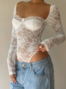 Aloruh 女士性感优雅蕾丝细节长袖紧身衣 - 白色 - 查看 7