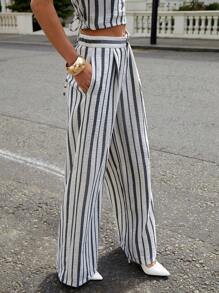COSMINA Women's Vertical Stripe Simple Everyday Pants - Black and White - View 5