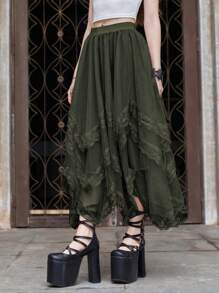 ROMWE Goth 女式纯色撞色蕾丝不对称下摆网眼A字裙 - 綠色 - 查看 7