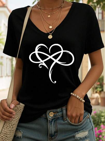 Women's V-Neck Short Sleeve Heart Print T-Shirt, Casual Minimalist Tops For Summer Outdoor Wear
