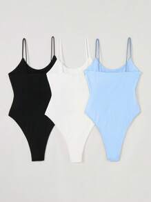 SHEIN BASICS 3pcs/Set Women Solid Color Knit Camisole Bodysuit, Casual & Fitted - Multicolor - View 2
