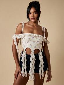 MISSGUIDED 花朵荷叶边露肩紧身胸衣夏季节日上衣系带紧身胸衣派对场合短款上衣 - 彩色 - 查看 5