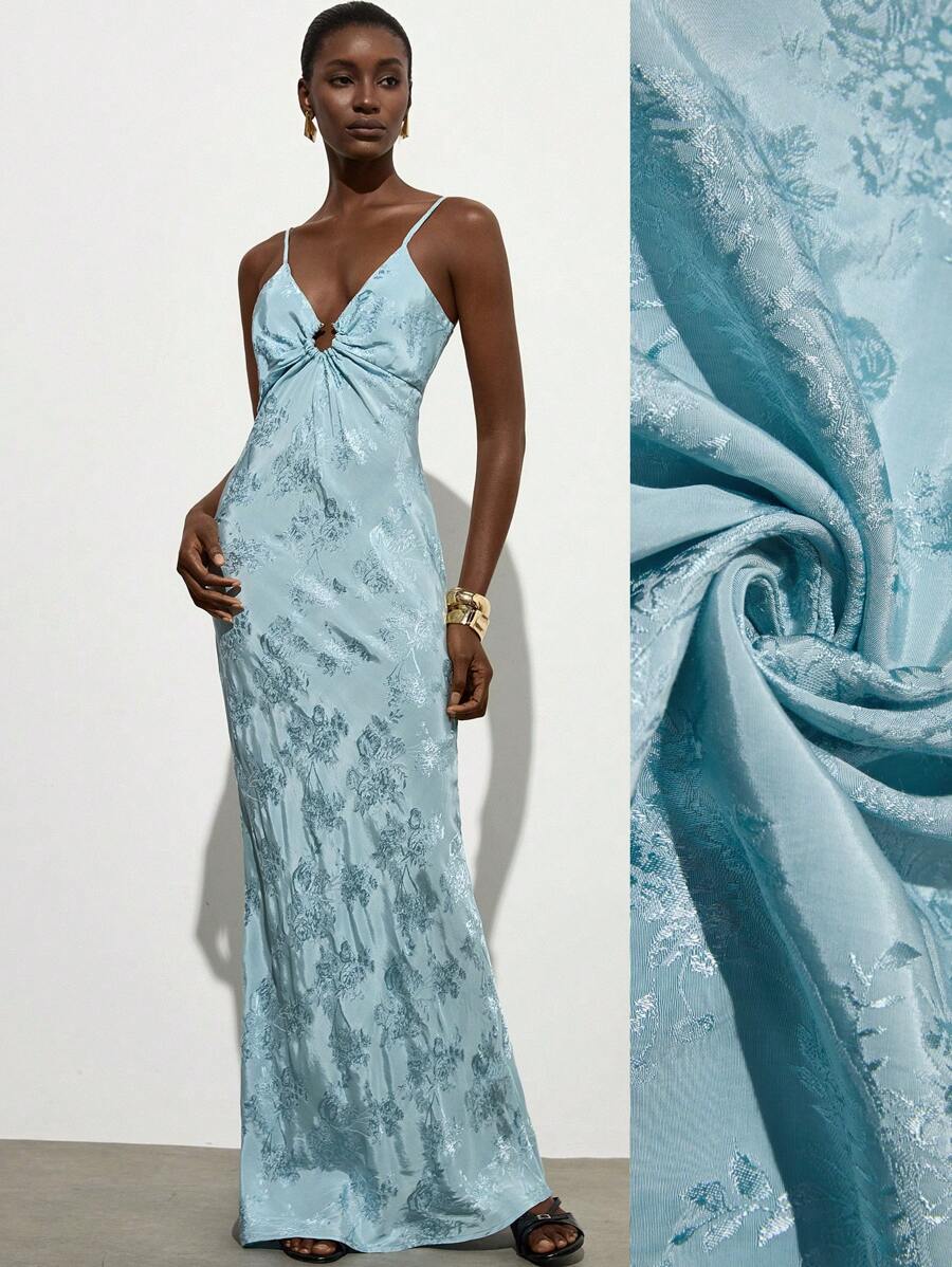 Aveloria Modichic Đầm dự tiệc hở eo, không tay, cổ chữ V, viền loa, chất liệu Jacquard lãng mạn - Màu xanh lam - Xem 1