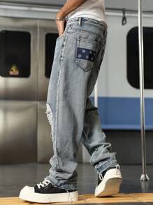 Manfinity EMRG بنطلون جينز رجالي بتصميم فضفاض وساق واسعة مشوهة وجيوب مناسب لارتداء كل الأوقات