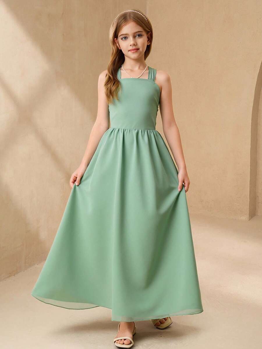 少女法式腰带 A 字裙，派对婚礼优雅花童伴娘度假连衣裙 - 綠色 - 查看 1