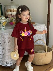 SHEIN 女婴休闲简约短袖短裤套装，适合夏季