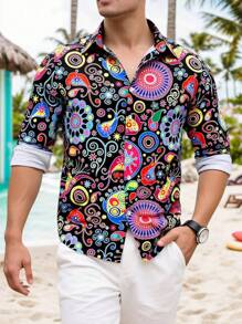Manfinity RSRT Men's Allover Print Front Button Long Sleeve Vacation Shirt, Summer - Multicolor - View 1