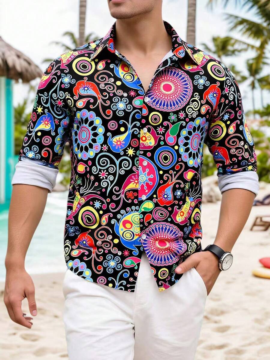 Manfinity RSRT Men's Allover Print Front Button Long Sleeve Vacation Shirt, Summer - Multicolor - View 1