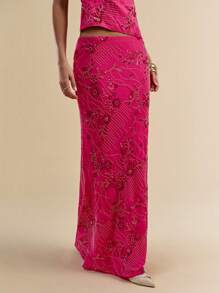SHEIN BAE Women's Rhinestone Floral Pattern Mermaid Hem Fitted Elegant Skirt - Hot Pink - View 6