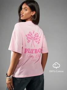 Missguided x Playboy 赛车俱乐部 T 恤复古格子旗图案赛车系列复古 1953 版街头服饰超大休闲夏季节日时尚赛车 - 粉色 - 查看 8