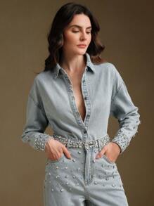 Anewsta Camisa vaquera con aplicaciones de piedras para mujeres, versátil y casual, elegante y de estilo business casual