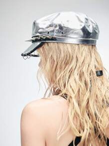 ROMWE Grunge Punk 1 件朋克时尚铆钉平顶帽，Y2K 未来派银色闪亮漆皮老爹帽，街头潮流配饰 - 彩色 - 查看 5