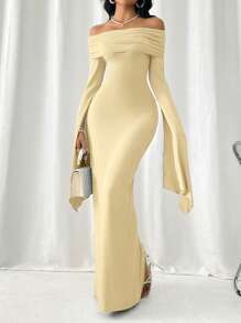 Firerie Spring/Summer Off Shoulder Long Sleeve Bodycon Dress With Side Slit - Apricot - View 1