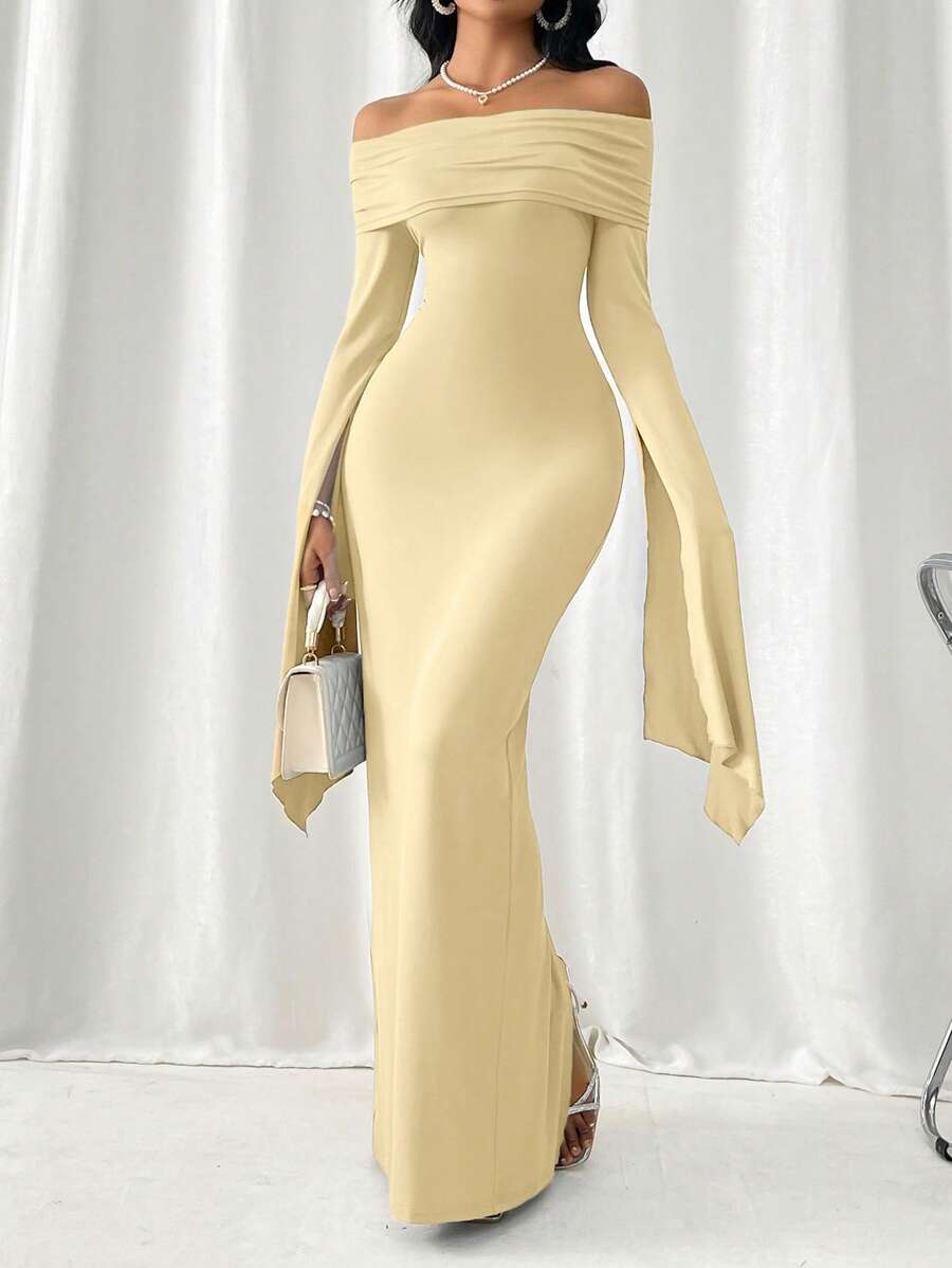 Firerie Spring/Summer Off Shoulder Long Sleeve Bodycon Dress With Side Slit - Apricot - View 1