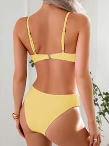 Swim Mod 2pcs Spring Break Women Solid Color Lace-Up Straps Textured Bowknot Bikini Set, Beach Swimsuit For Summer Beach Vacation