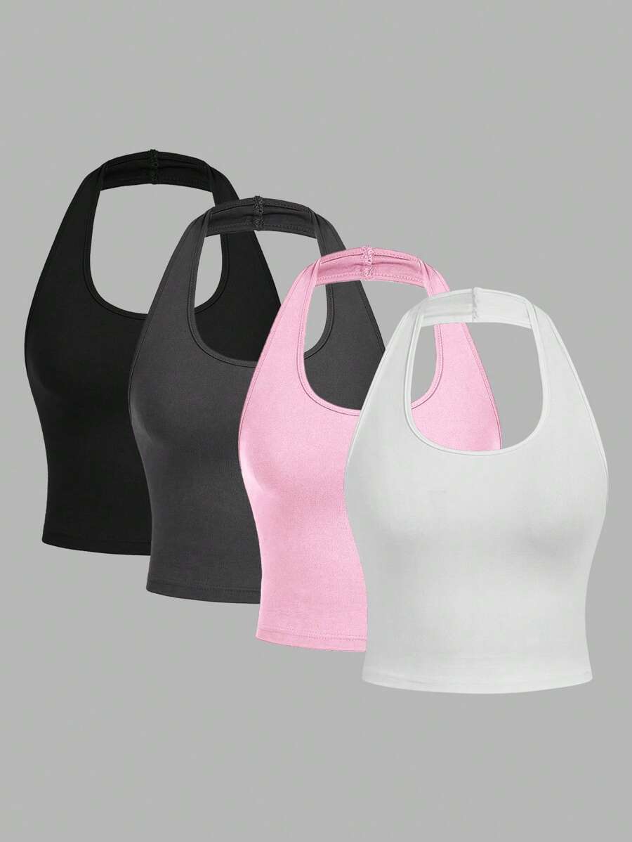 SHEIN EZwear 4 件套休闲简约短款露背修身背心，适合夏季女士穿着 - 彩色 - 查看 1