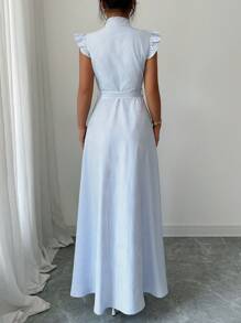 Selianne 女士优雅日常欧式连衣裙，短袖，系腰线，水晶点缀，复古奢华，适合音乐节、比赛、通勤、购物、度假等场合 - 藍色 - 查看 2