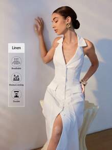Uhlyne Vestido midi de línea A con cuello de mandarín, botones de resina, sin mangas, lazo y escote halter de lino de unicolor y elegante para mujer