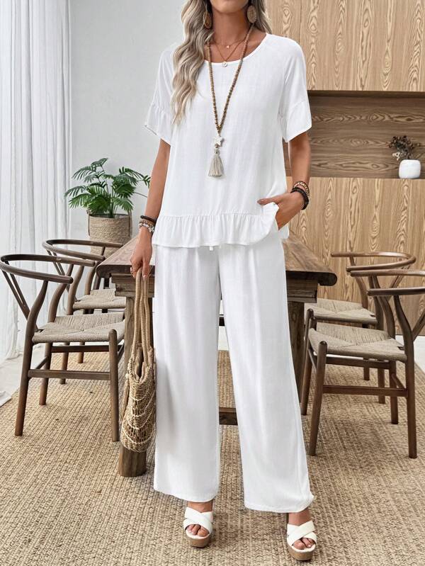 EMERY ROSE Women Solid Color Crew Neck Ruffle Summer Casual Fashion Top And Pants Set
