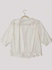 EMERY ROSE Women's Solid V-Neck Single-Breasted Long Sleeve Loose Casual Shirt - White - View 2