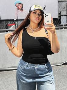 SHEIN EZwear Plus Size Sleeveless One Shoulder Slim Fit Women's Top For Summer