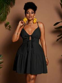 Maweii Vestido mini asimétrico de línea A con volantes, escote en V con tirantes finos, cintura con lazo, unicolor, elegante para vacaciones, tallas grandes, primavera/verano